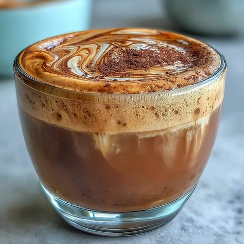 Steamy Hojicha Cortado in a clear glass mug, layered with rich roasted tea and velvety milk foam for a cozy sip.