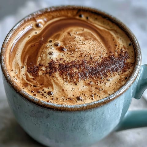 Creamy steamed milk foam tops a warm cup of roasted Japanese hojicha tea.