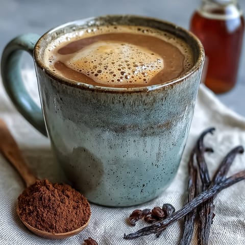 Creamy oat milk Hojicha Latte with Vanilla Extract steams gently, its rich brown hue topped with delicate foam.