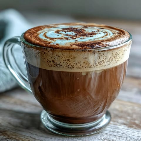 Fragrant Hojicha Flat White in a white ceramic mug, with velvety microfoam and steam rising from its nutty surface.