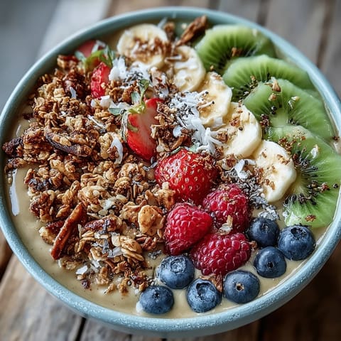 Creamy Hojicha Smoothie Bowl topped with granola, fresh berries, kiwi, and chia seeds for a nourishing breakfast.