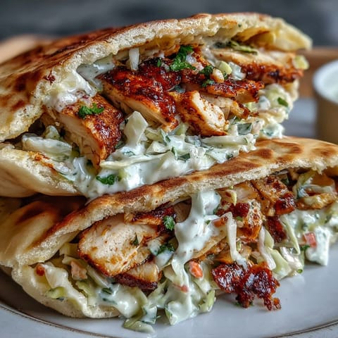 Freshly made Flavor-Packed Chicken Pitas with Creamy Herby Ranch Slaw served on a rustic plate.