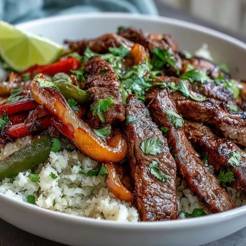 Steak fajita bowl featuring tender beef strips, colorful bell peppers, and cauliflower rice, finished with lime wedges and cheese.
