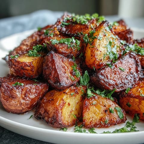Golden potatoes tossed in a spicy Mexican-style sauce with lime and cilantro garnish. 