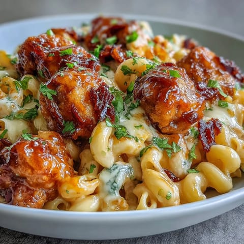 Cheesy macaroni coated in a sweet and smoky honey BBQ sauce, topped with tender chicken bites and scallions, served steaming hot right from the skillet.