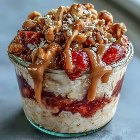 Glass jar showing a vibrant strawberry jam swirl inside these make-ahead peanut butter oats, perfect for busy weekday breakfasts.