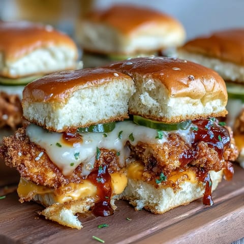 Hot honey butter glazed chicken, melted cheese, and crisp pickles nestled in warm, pull-apart slider buns on a serving tray.