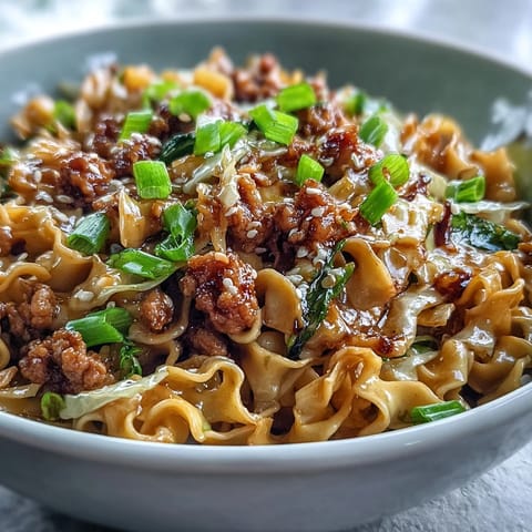 Creamy Potsticker Noodle Stir-Fry with ground turkey and coleslaw mix served steaming in a skillet and garnished with sesame seeds.