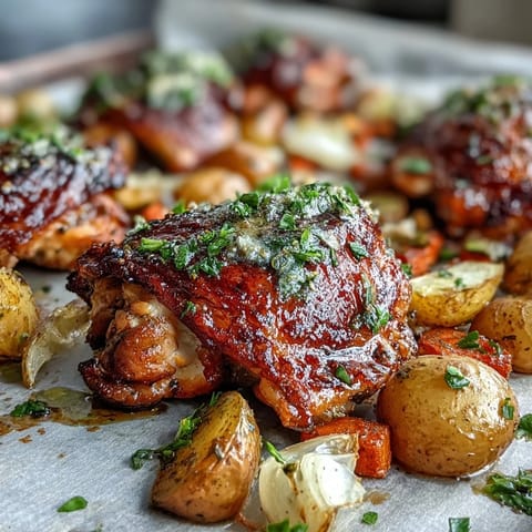 Golden-brown Crispy Ranch Sheet Pan Chicken & Veggies fresh from the oven, featuring juicy bone-in thighs, tender potatoes, and roasted carrots on a single tray. 