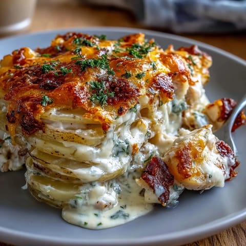 Golden, bubbly cheddar tops the Creamy Ranch Chicken Potato Bake, with tender potatoes and chicken in a rich sauce.