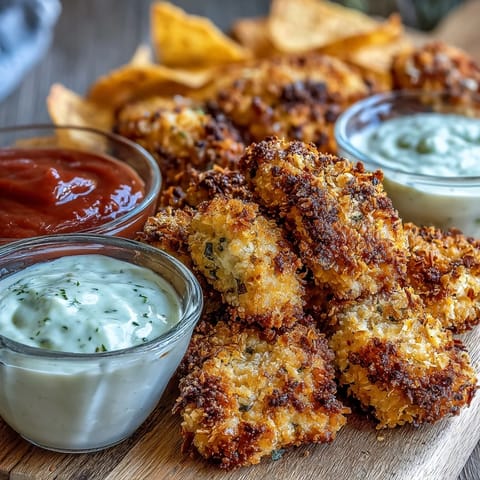 Golden-baked Asiago Panko Chicken Bites rest on a white plate, showcasing crispy breading and juicy interiors beside a small bowl of ranch dipping sauce.