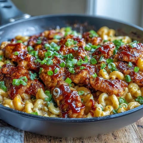 Golden brown chicken pieces coated in sticky honey BBQ sauce simmer in a skillet, surrounded by creamy cheddar macaroni and topped with fresh green onions for a comforting one-pan dinner.