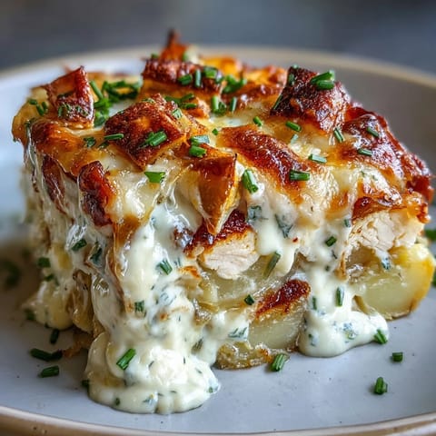 This comforting Creamy Ranch Chicken Potato Bake casserole shows melted cheddar cheese and fresh chives on a rustic wooden table.