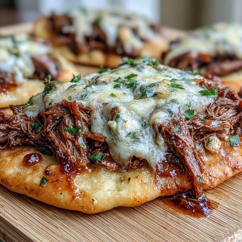 Slow-cooked shredded beef with melted cheese in warm garlic naan, served with rich au jus for dipping.