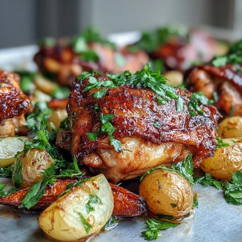 Golden-brown Crispy Ranch Sheet Pan Chicken & Veggies roasted with tender potatoes and sweet carrots on a baking sheet.
