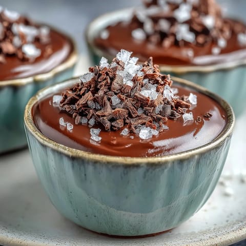 Four chilled mousse cups display rich chocolate layers topped with crunchy cacao nibs and flaky sea salt for a vegan dessert.