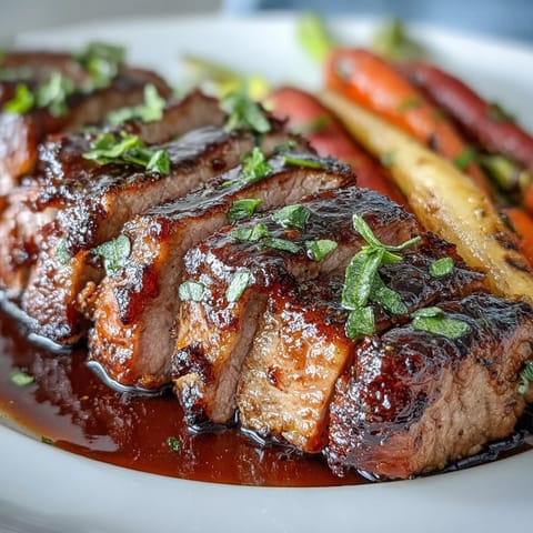 Roasted One-Pan Honey Balsamic Pork Tenderloin with rainbow carrots glimmering with sticky, sweet glaze.