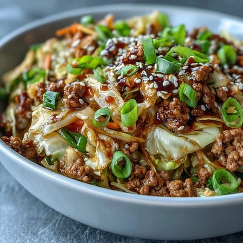 A close-up of Keto Egg Roll in a Bowl with Ground Turkey and tender, savory meat alongside colorful shredded carrots and cabbage.