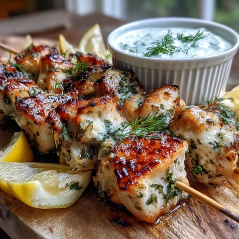 The grilled Light Lemon Herb Chicken Skewers with Tzatziki are stacked high, revealing char marks, with a bowl of creamy white dip.