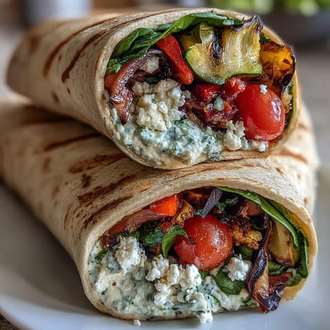 A close-up of Mediterranean Grilled Vegetable Wraps shows charred zucchini and peppers overflowing from a soft tortilla with feta.
