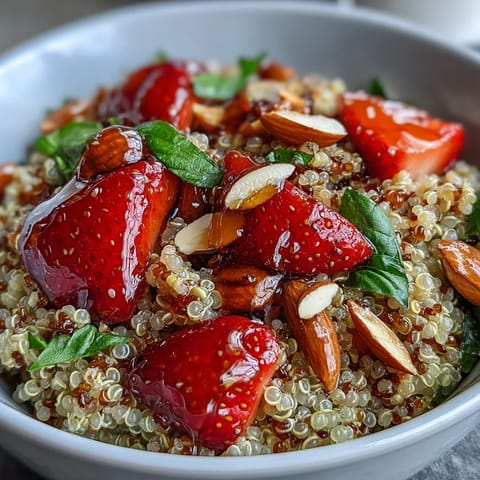 A vibrant strawberry basil breakfast quinoa bowl topped with sliced strawberries, fresh basil, and a honey drizzle.  
