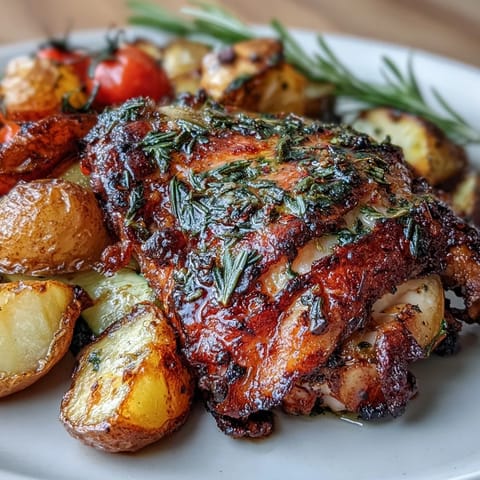 A colorful sheet pan Mediterranean chicken dinner with juicy thighs, roasted zucchini, and lemon-herb potatoes, perfect for a healthy weeknight meal.