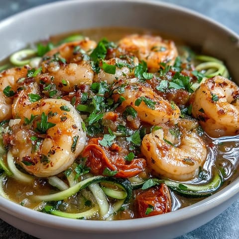 Fresh spiralized zucchini tossed with tender shrimp and cherry tomatoes in a fragrant lemon-garlic broth.