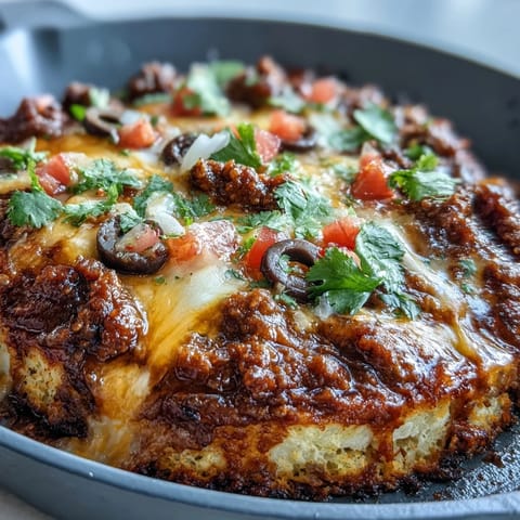 Keto-friendly taco skillet featuring a crispy cauliflower crust topped with spiced ground beef.  