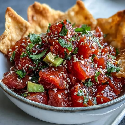Spicy tuna tartare with avocado, served on a platter with golden crispy wonton chips for a zesty appetizer.