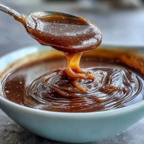 Rich, glossy miso caramel sauce with deep umami flavor, perfect for drizzling over vanilla ice cream or fresh fruit.