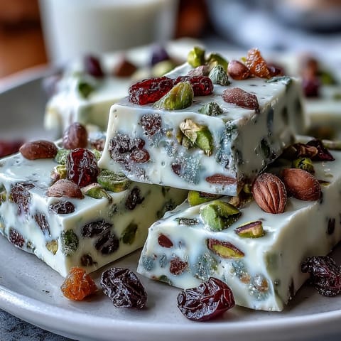 Easy pistachio and white chocolate bark recipe, topped with colorful dried apricots and cranberries for a crunchy, sweet bite.  