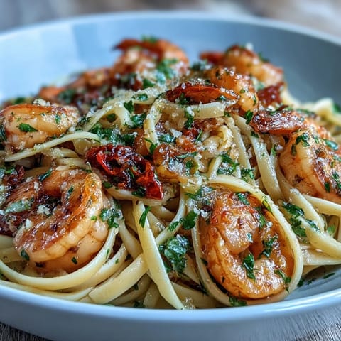 Aromatic chili-garlic oil coats tender linguine and plump shrimp, garnished with fresh parsley and lemon zest.