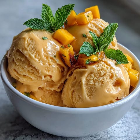 Silky-smooth mango sorbet bursting with tropical flavor, garnished with mint and lime zest.