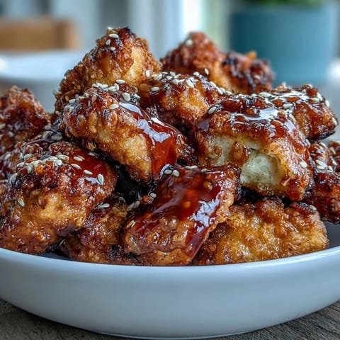 Crispy air-fried Korean chicken glazed with spicy-sweet gochujang sauce and sesame seeds.  