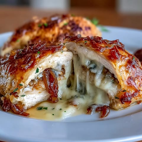 French Onion Stuffed Chicken Breasts with caramelized onions and melted Gruyère cheese, baked until golden and juicy.  