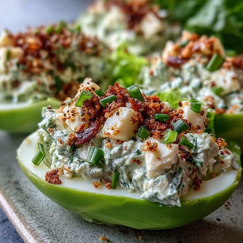 Creamy avocado egg salad topped with everything bagel seasoning served in crisp lettuce boats for a fresh keto meal.  