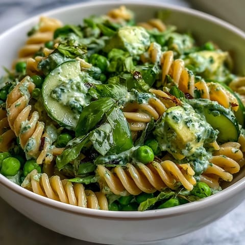 Spring Green Goddess Pasta Salad with Peas and Herbs, featuring al dente pasta, crisp peas, and creamy green goddess dressing, garnished with fresh herbs and toasted pine nuts.