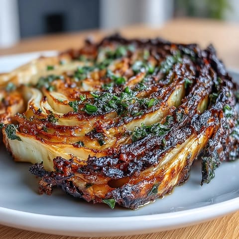 Air fryer cabbage steaks golden and crispy, brushed with rich garlic butter for a savory vegetarian side dish.  