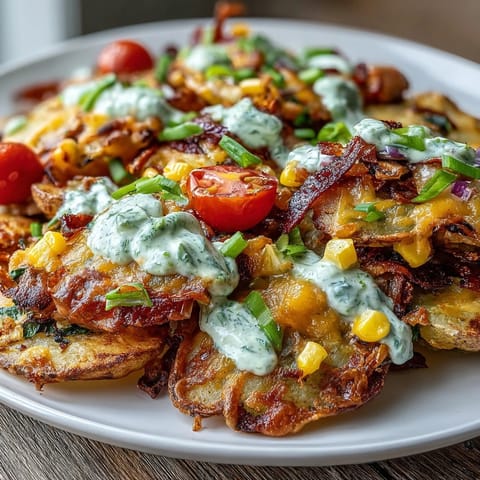 A vibrant platter of crispy roasted potato rounds loaded with colorful veggies, melty cheese, and drizzled with tangy Greek yogurt ranch.