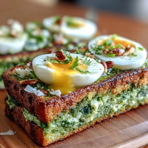 Spinach pesto sourdough toast with soft-boiled egg, vibrant green spread topped with jammy yolk on golden sourdough.