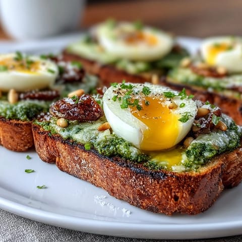 A perfectly soft-boiled egg rests on spinach pesto-slathered sourdough toast, garnished with flaky sea salt and chili flakes.