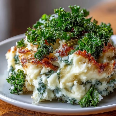 Creamy Irish-inspired colcannon mashed potatoes with sautéed leeks and crispy kale topping for a comforting vegetarian side dish.