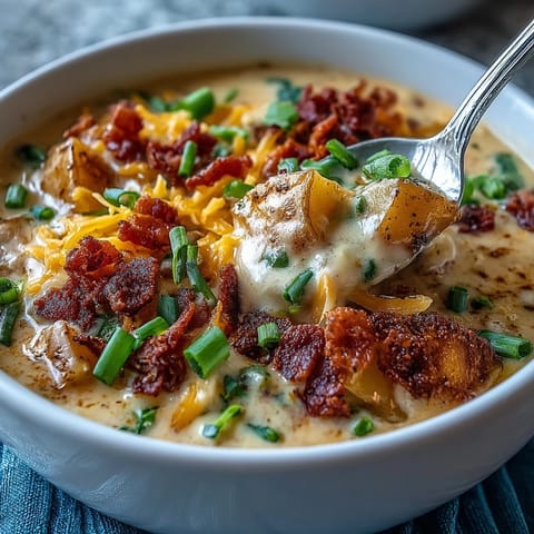 Wholesome St. Patricks Day Loaded Baked Potato Soup topped with green onions and smoky bacon crumbles for festive flavor.  