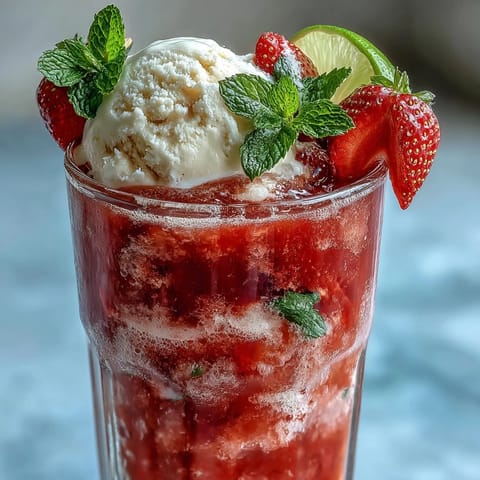 Refreshing strawberry daiquiri float with sparkling water, topped with vanilla ice cream and fresh mint.
