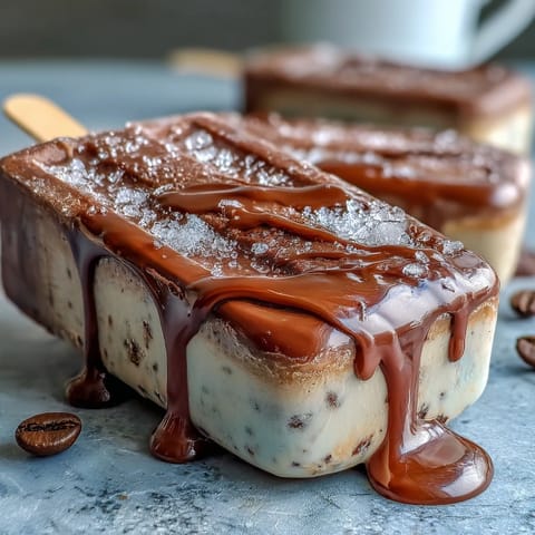 Creamy vanilla bean frappuccino fudge pops with rich coffee flavor and a smooth chocolate coating, perfect for a refreshing summer dessert.