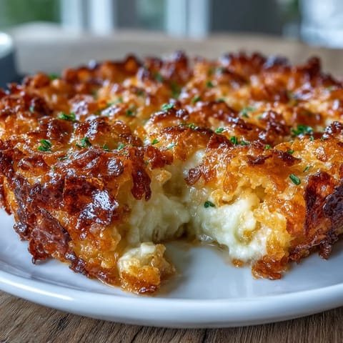 Funeral potatoes with crispy cornflake and cheddar crust, a cheesy casserole baked golden and bubbling for a comforting side dish.