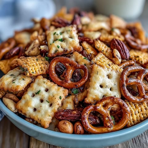 Tangy sourdough Cheez-Its, crunchy pretzels, and mixed nuts tossed in seasoned butter create an irresistible party snack.  