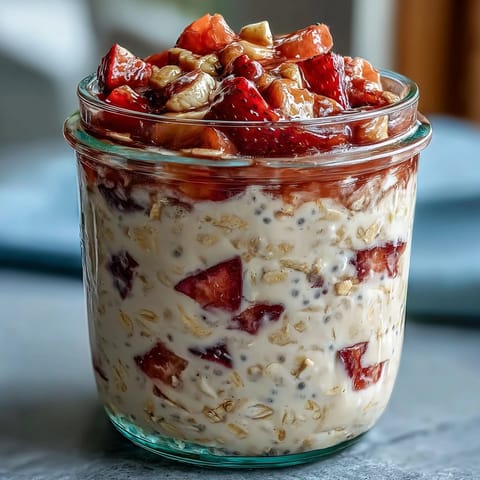 Creamy strawberry banana overnight oats with chia seeds, layered with fresh fruit for a healthy breakfast.  