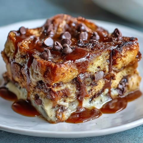 Warm chocolate croissant bread pudding with rich custard and melted chocolate, baked until golden and perfect for brunch or dessert.