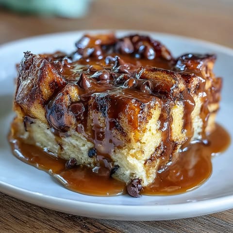 Decadent baked croissant dessert layered with semisweet chocolate and creamy vanilla custard, served warm with fresh berries.